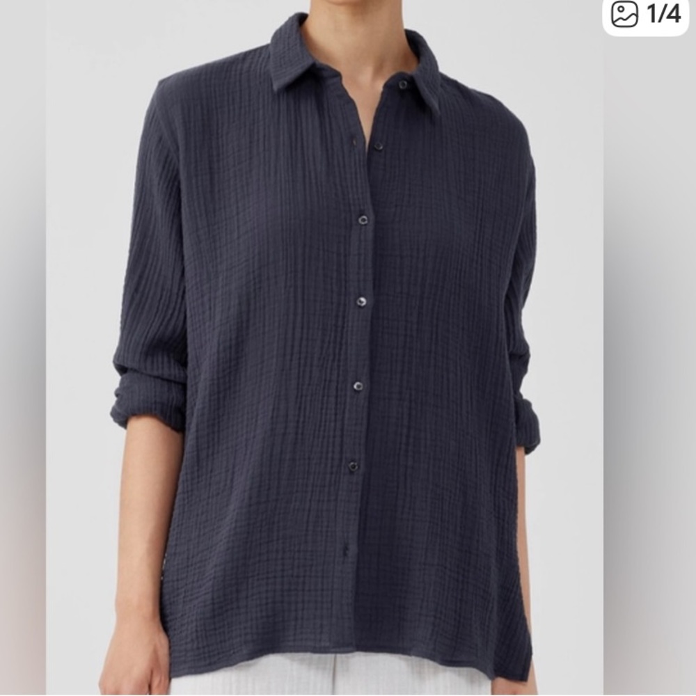 Eileen Fisher NWT Ink Gauze Classic Collar Shirt Medium